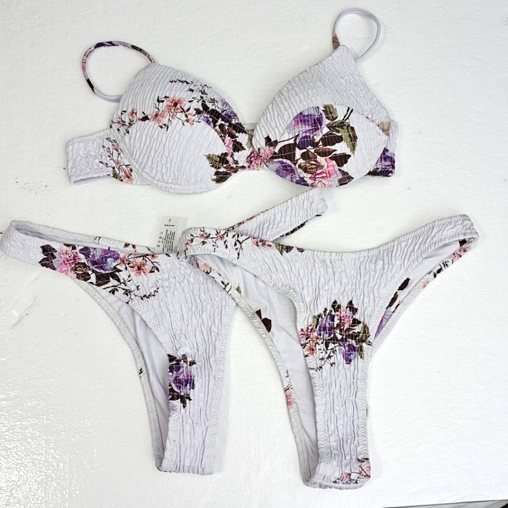 Womens Sz‎ Large White & Purple Floral Bikini Set Bundle